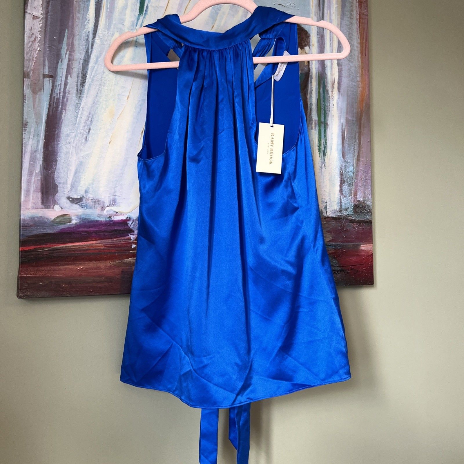 Ramy Brook Sz S Lori Blue Silk Stretch Charmeuse Slvless Top Blouse Shirt Nwot